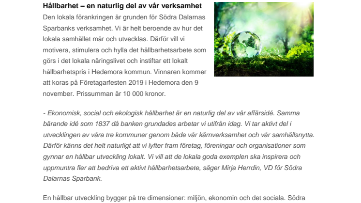 Södra Dalarnas Sparbank instiftar lokalt hållbarhetspris