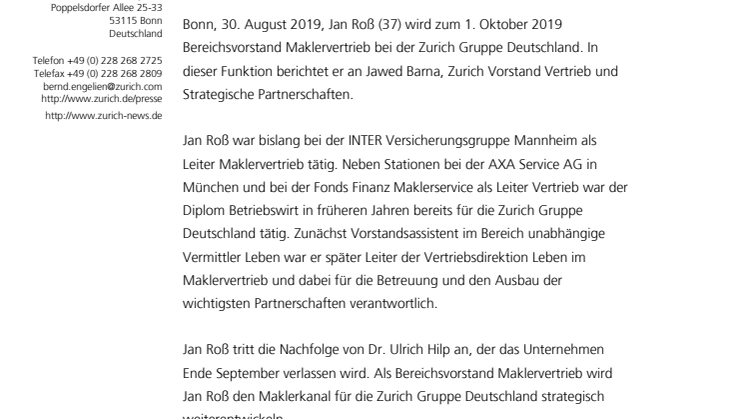 Jan Roß verantwortet Maklervertrieb bei Zurich