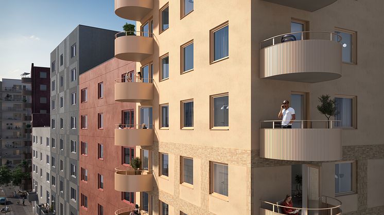 Nu har 133 nya hyresgäster med familjer välkomnats till sina nya hem i etapp 3 i Umami Park, Hallonbergen i Sundbyberg. Varje hus här har sin egen identitet och de färgglada fasaderna varierar i material, former och kulörer. Bild Zynka