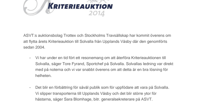 Kriterieauktionen flyttas tillbaka till Solvalla 2014