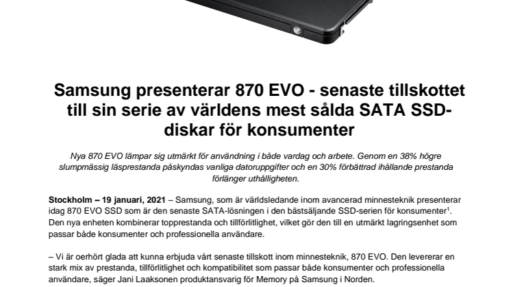 Samsung presenterar 870 EVO - senaste tillskottet till sin serie av världens mest sålda SATA SSD-diskar för konsumenter 