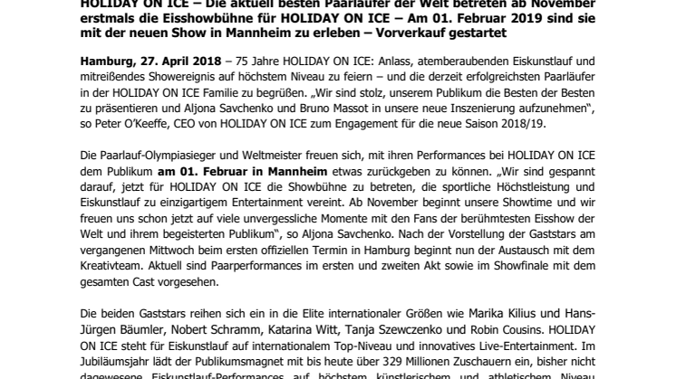 Paarlauf-Olympiasieger und Weltmeister Aljona Savchenko und Bruno Massot am 01. Februar 2019 mit HOLIDAY ON ICE in Mannheim