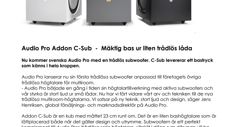 Audio Pro Addon C-Sub  -  Mäktig bas ur liten trådlös låda