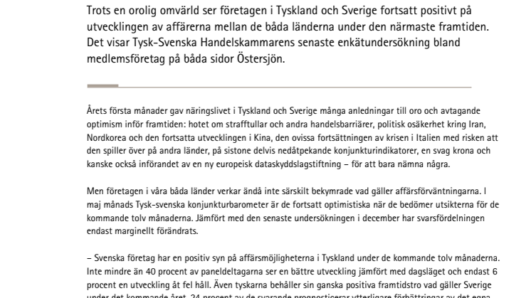 Tysk-svenska konjunkturbarometern maj 2018: fortsatt optimism bland företagen – trots tydligt påtalade risker