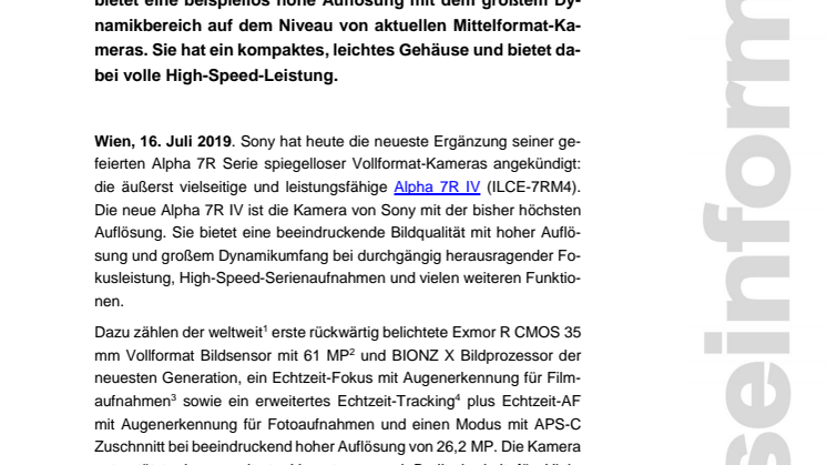 Sony stellt die hochauflösende Alpha 7R IV Kamera mit dem weltweit ersten rückwärtig belichteten 61 MP Vollformat-Bildsensor vor