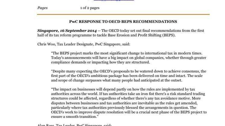 PwC RESPONSE TO OECD BEPS RECOMMENDATIONS