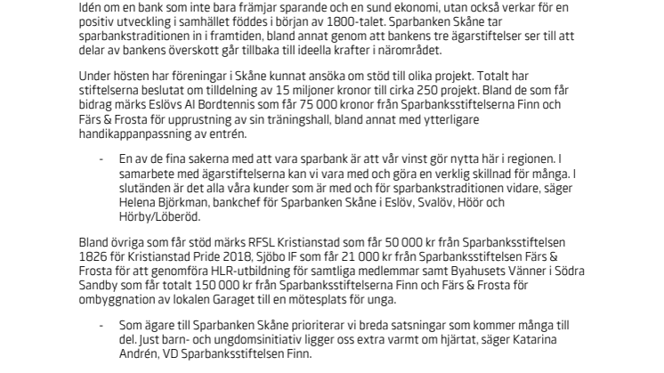 Sparbankstraditionen ger stöd till skånska föreningar