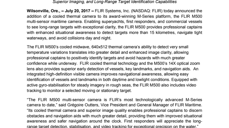 FLIR Introduces High Performance FLIR M500 Multi-Sensor Maritime Camera
