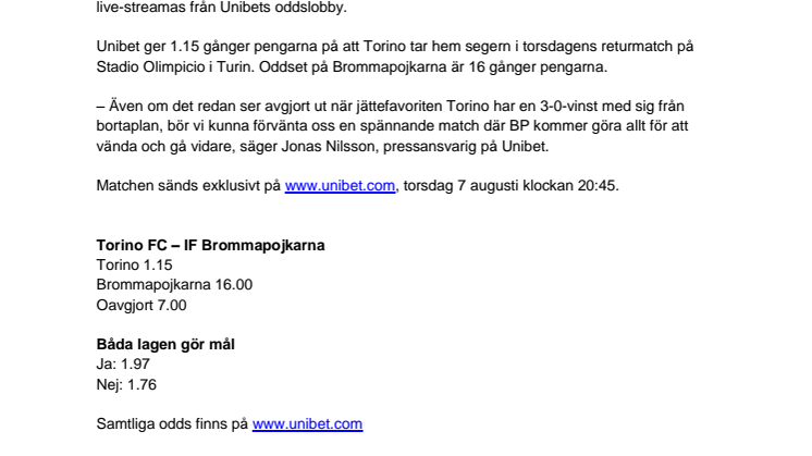 Exklusiv Unibet-stream: Torino mot Brommapojkarna 