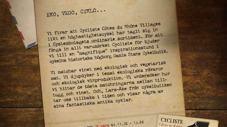 Inbjudan Cycliste_EKO VEGO CYKLO_Gamla Stans Cykelbutik 10 & 16 mars