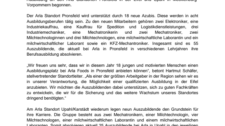 Insgesamt 27 neue Auszubildende starten an den Arla Standorten Pronsfeld und Upahl ins Berufsleben