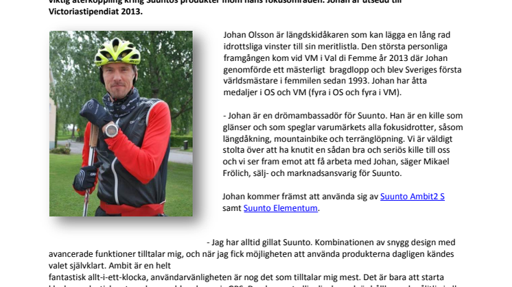 Suunto ny sponsor till längdskidåkaren Johan Olsson