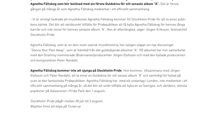 Agnetha Fältskog gästar och hyllas på Stockholm Pride