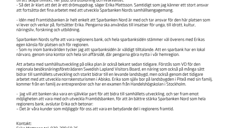 Erika Mattsson är ny ansvarig för Sparbanken Nord - Framtidsbanken