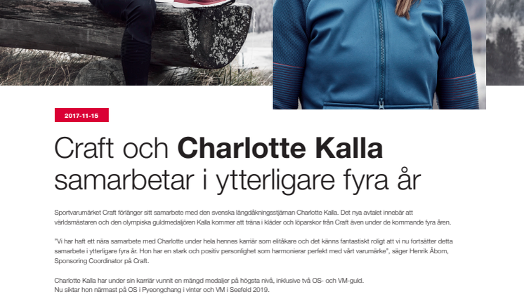 Craft och Charlotte Kalla samarbetar i ytterligare fyra år