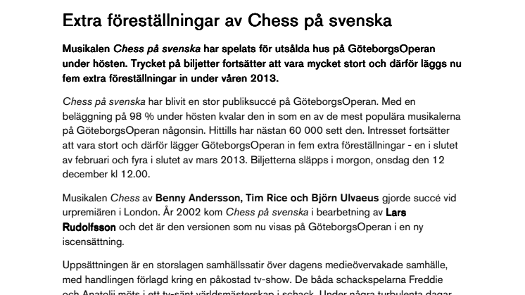 Extra föreställningar av Chess på svenska