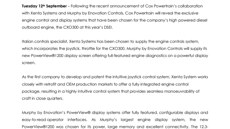 Cox Powertrain - DSEI: Cox Powertrain to Reveal CXO300 Engine Controls and Display Systems