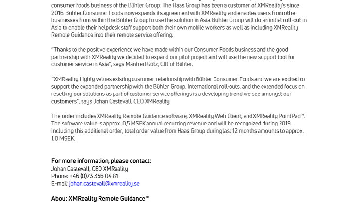 Bühler Consumer Foods signs additional order and expands the use of XMReality Remote Guidance worldwide