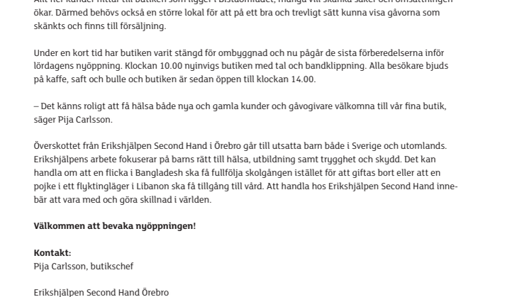 Större Erikshjälpen-butik i Örebro nyöppnar på lördag