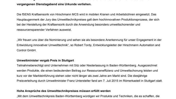 Umwelttechnikpreis Baden-Württemberg: Hirschmann MCS erhält eine Urkunde für die Nominierung in der Kategorie Energieeffizienz 