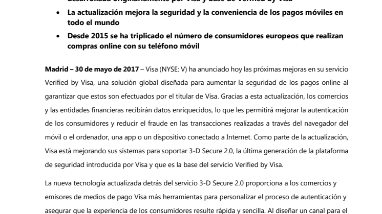 Visa actualiza la tecnología Verified by Visa y hace más fáciles y seguros los pagos online