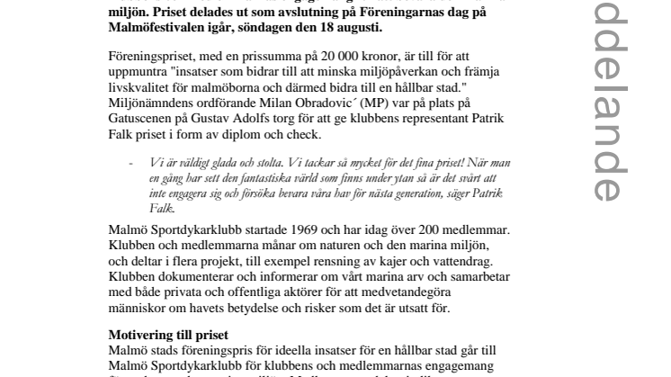 Malmö stads miljöpris till Malmö Sportdykarklubb