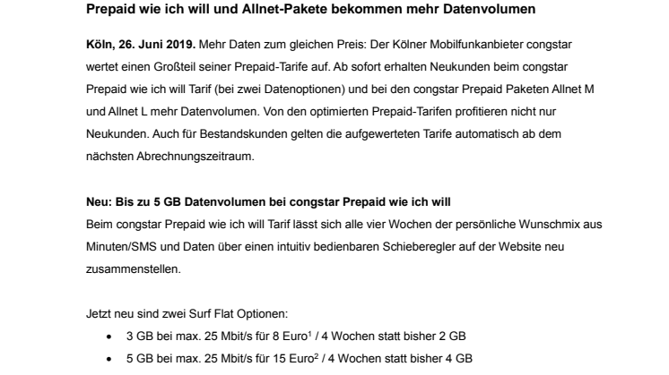 congstar Prepaid: mehr Datenvolumen zum gleichen Preis