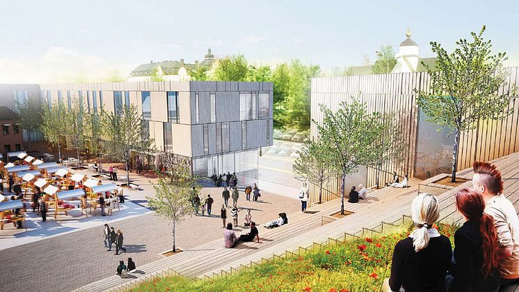 Tidig visionsskiss över kvarteret Löjan.                  Illustration: White Architects
