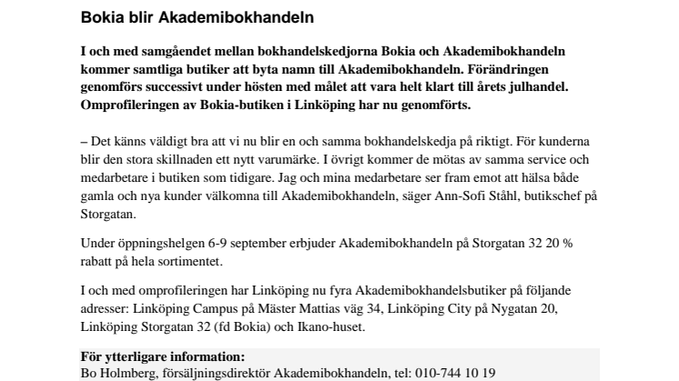 Bokia i Linköping blir Akademibokhandeln