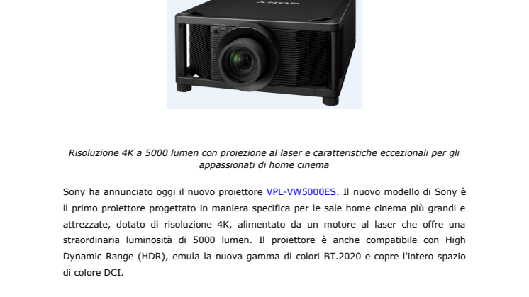 Sony presenta il proiettore per home cinema più avanzato del mondo: il VPL-VW5000ES 