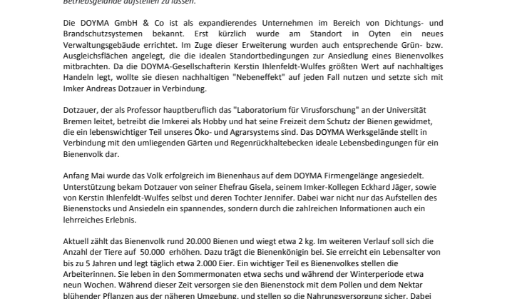 DOYMA-Pressemitteilung: Fleißige Bienen - Ein wichtiger Beitrag zum Naturschutz
