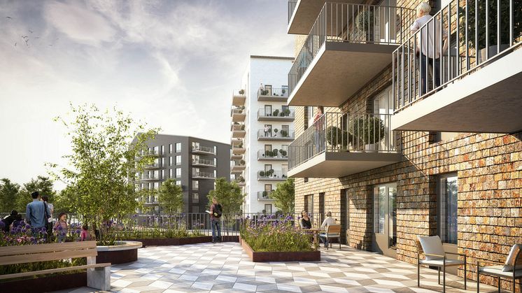 De nya husen på Bäckby planeras få stora gemensamma terrasser på våning 8 och 10.