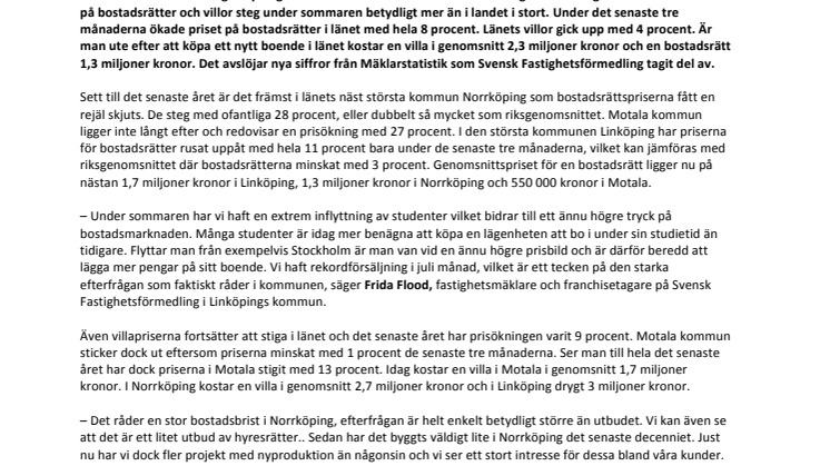 Bostadspriserna i Östergötland fortsätter att stiga kraftigt
