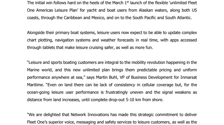 Inmarsat secures first Americas Leisure Plan order from Network Innovations for Fleet One