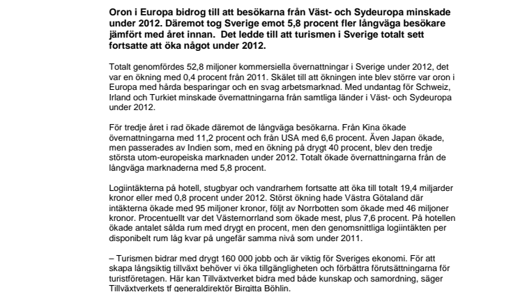 Turiståret 2012: Krisen i Europa slår mot turismen i Sverige