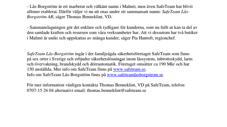 SafeTeam i Malmö och Lås-Borgström går ihop i ett bolag