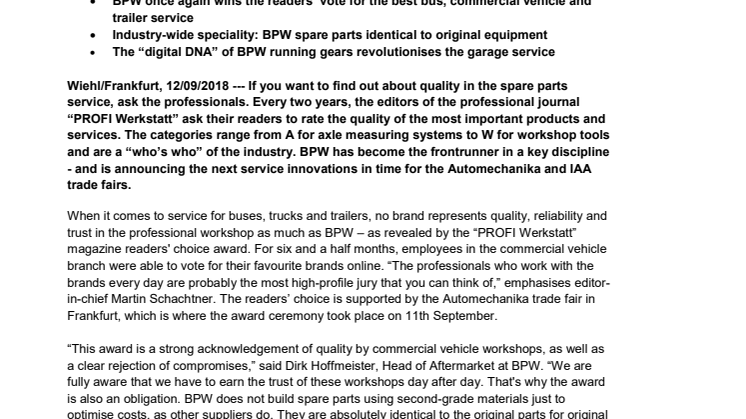 Where “original parts” really are still original: BPW remains the clear favourite of PROFI Werkstatt readers