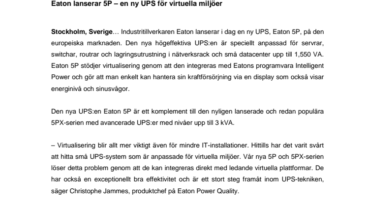 Eaton lanserar 5P – en ny UPS för virtuella miljöer