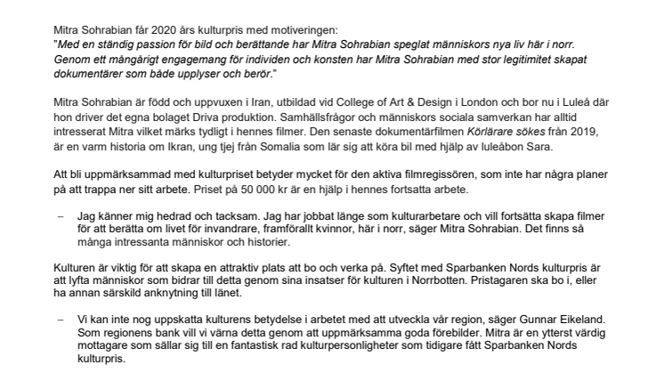 Mitra Sohrabian får Sparbanken Nords kulturpris