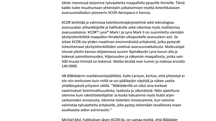 Blåkläder aloittaa yhteistyön Amerikkalaisen avaruusmatkailun pioneerin XCOR Aerospace:n kanssa