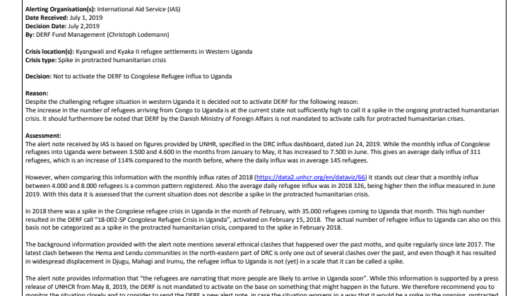 19-011-SP Congolese Refugee Influx - Uganda Alert 