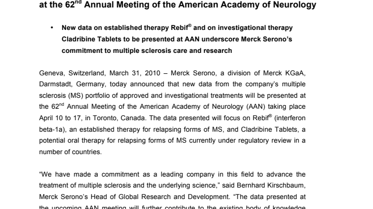 Data from Merck Serono’s Multiple Sclerosis Portfolio to be Presented at the 62nd Annual Meeting of the American Academy of Neurology