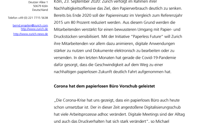 In Zukunft papierlos: Zurich will Papierverbrauch deutlich senken