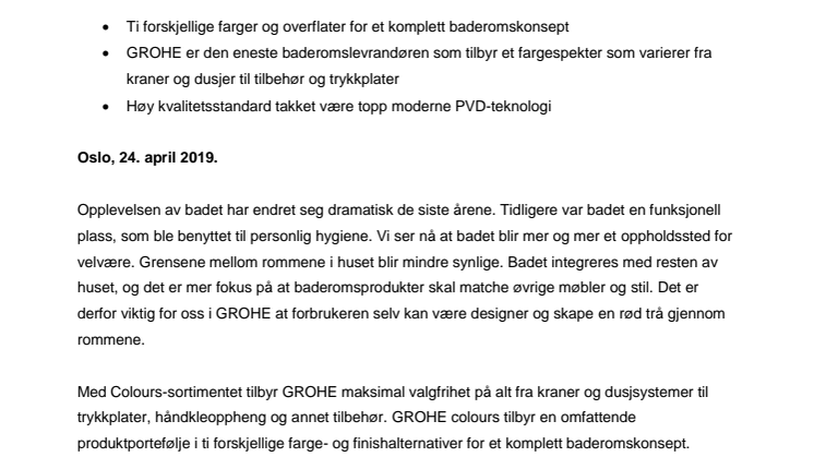 Forbrukere blir skapere: GROHEs fargekolleksjon tilbyr maksimal valgfrihet for et komplett baderomsdesign 
