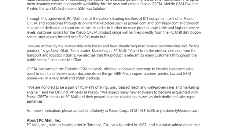 Possio in Distribution Agreement with PC Mall, Inc.
