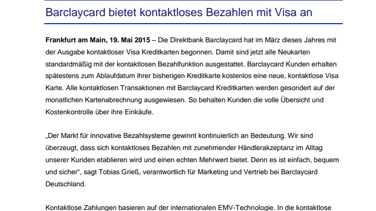Barclaycard bietet kontaktloses Bezahlen mit Visa an