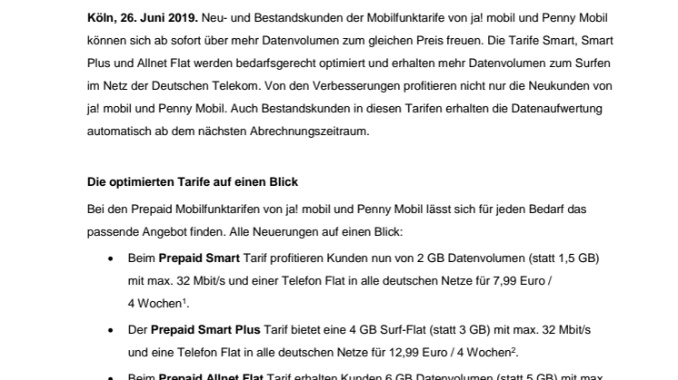 Mehr Datenvolumen für ja! mobil und Penny Mobil