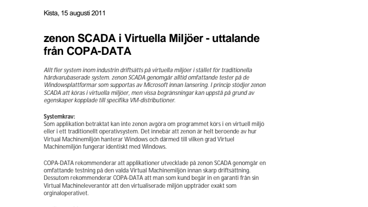 zenon SCADA i Virtuella Miljöer - uttalande från COPA-DATA