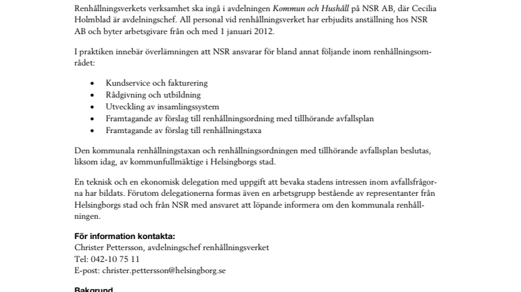 Renhållningsverket överlämnas till Nordvästra Skånes Renhållnings AB