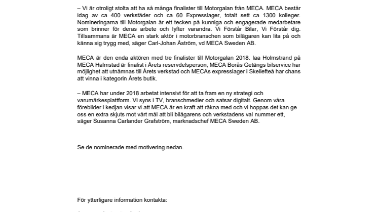 MECA finalist i tre kategorier inför Motorgalan